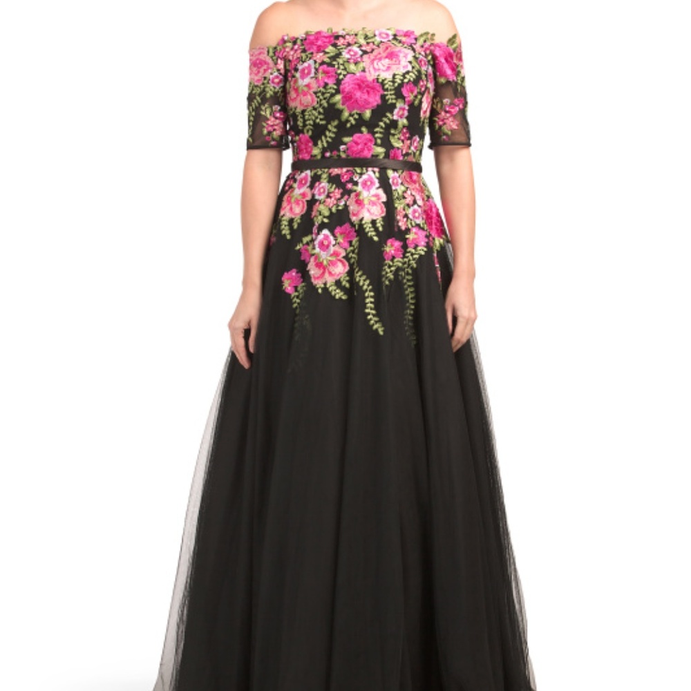 Off The Shoulder Floral Embroidered Formal Gown